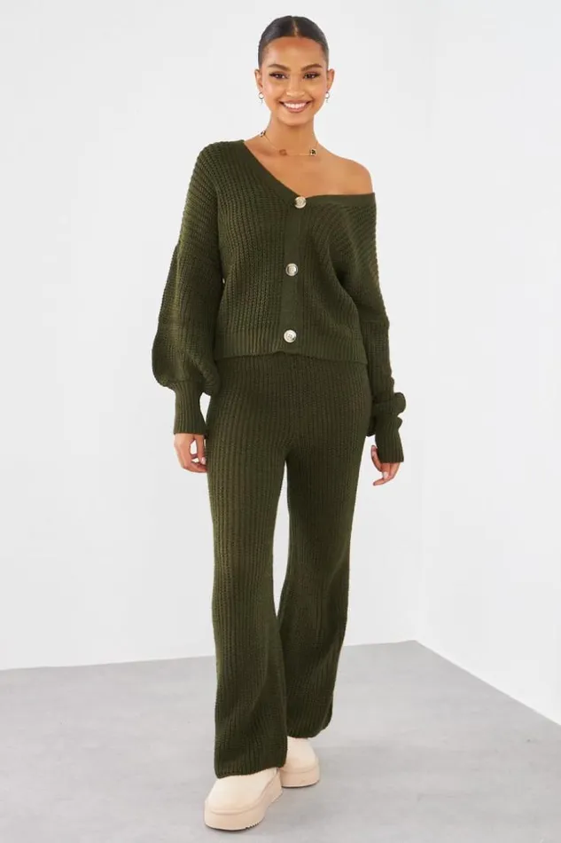 Women Ensemble 2 Pices Gilet Pantalon En Maille Kaki Khaki Brentiny Paris Cardigans