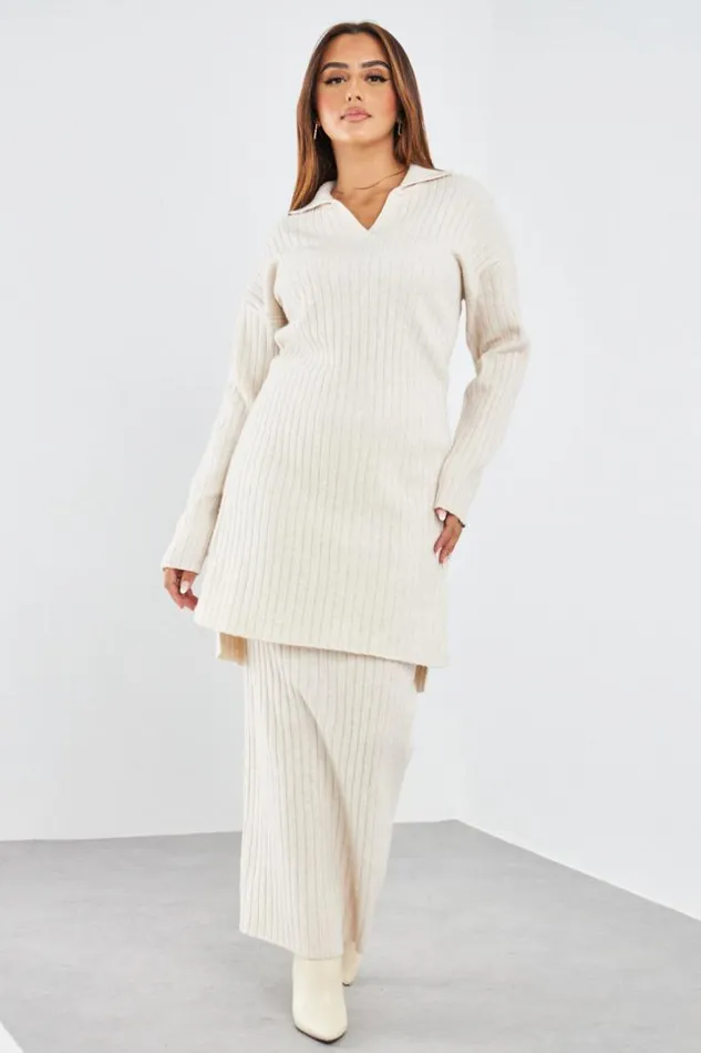 Women Ensemble 2 Pices Pull Jupe Ctel Beige Beige Brentiny Paris White Tops