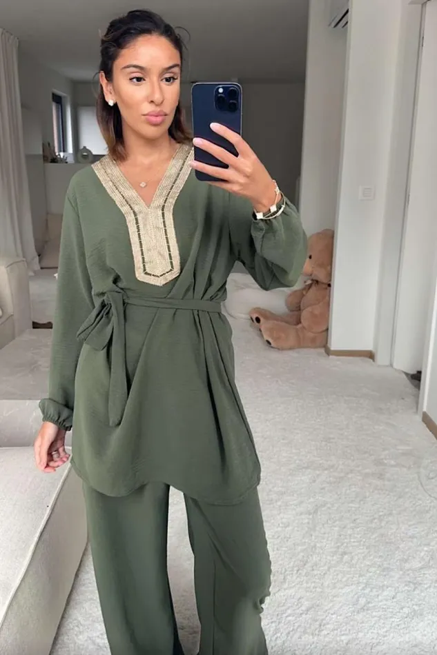Women Ensemble 2 Pices Tunique Pantalon Kaki Khaki Brentiny Paris Sets With Top Bottoms