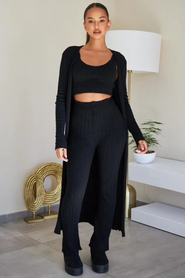 Women Ensemble 3 Pices Gilet Top Pantalon Noir Ctel Black Brentiny Paris Crop Tops