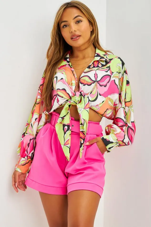 Women Ensemble Chemise Satine Crop Motifs Fuchsia Short Rose Taille Haute Pink Brentiny Paris Shirts and Blouses Women Ensemble Chemise Satine Crop Motifs Fuchsia Short Rose Taille Haute Pink Brentiny Paris Shirts and Blouses