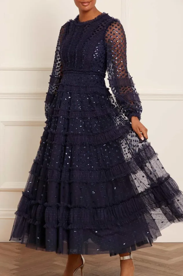 Women Evening Dresses Needle and Thread Dot Shimmer Ankle Gown Blue