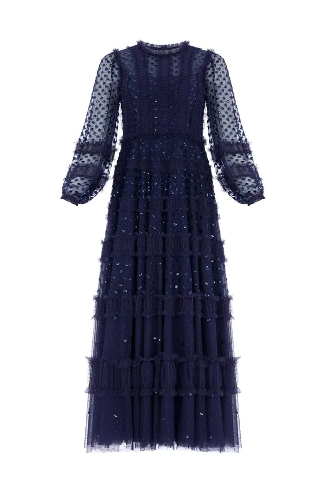 Women Evening Dresses Needle and Thread Dot Shimmer Ankle Gown Blue