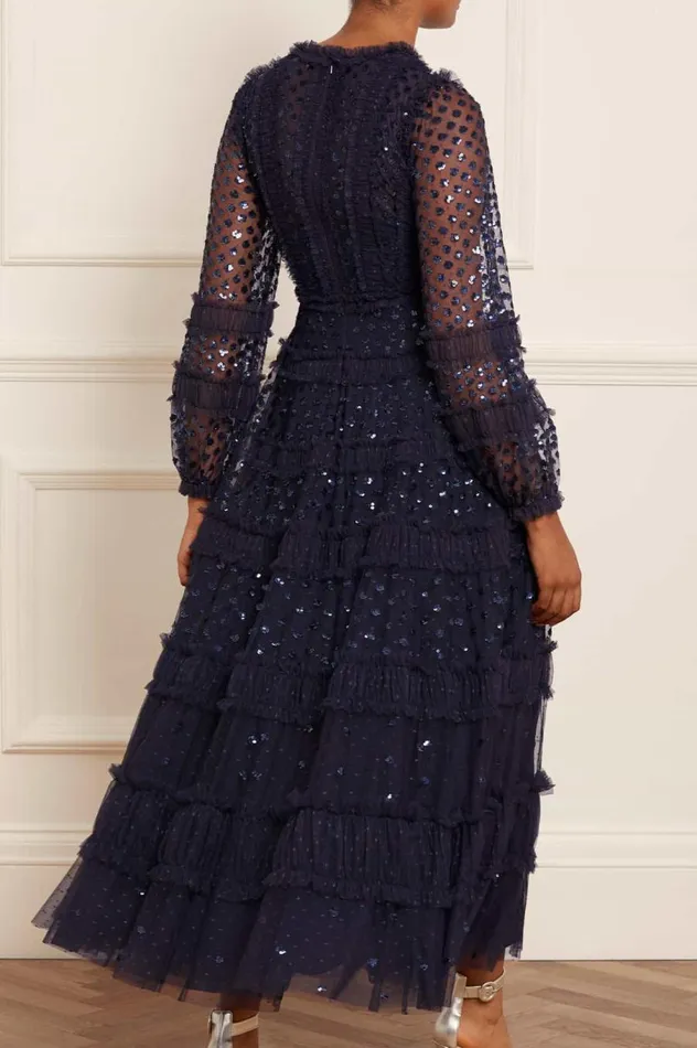 Women Evening Dresses Needle and Thread Dot Shimmer Ankle Gown Blue