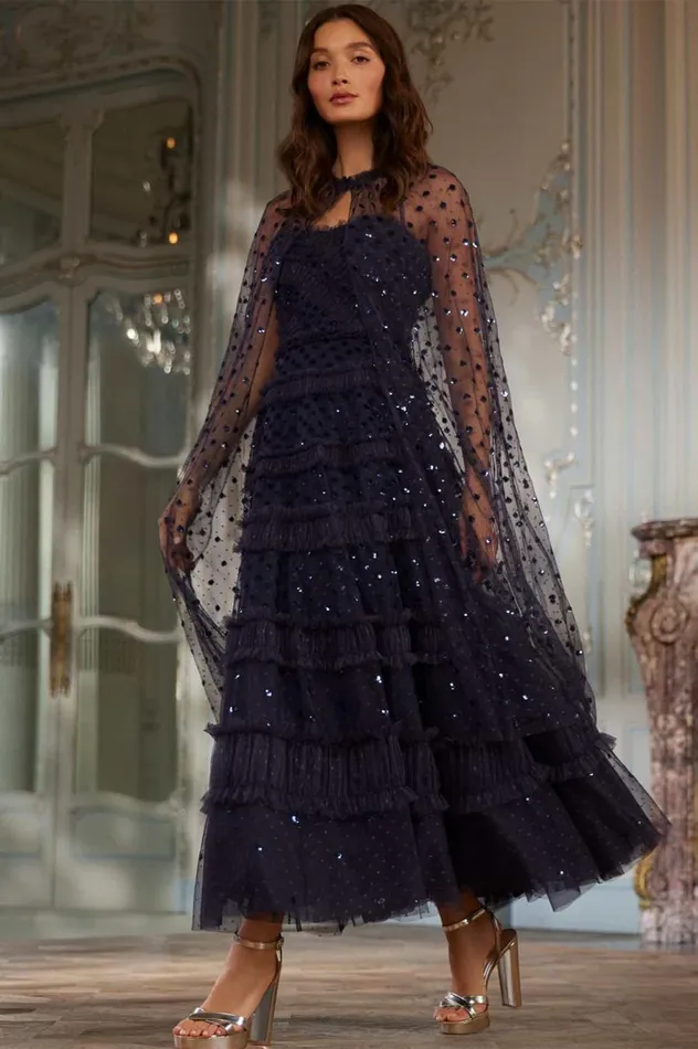 Women Evening Dresses Needle and Thread Dot Shimmer Ankle Gown Blue