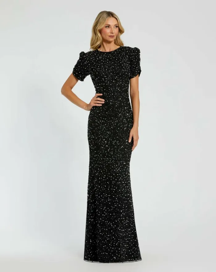 Women Evening Gowns Mac Duggal Black Gathered Short Sleeve Beaded Gown Black