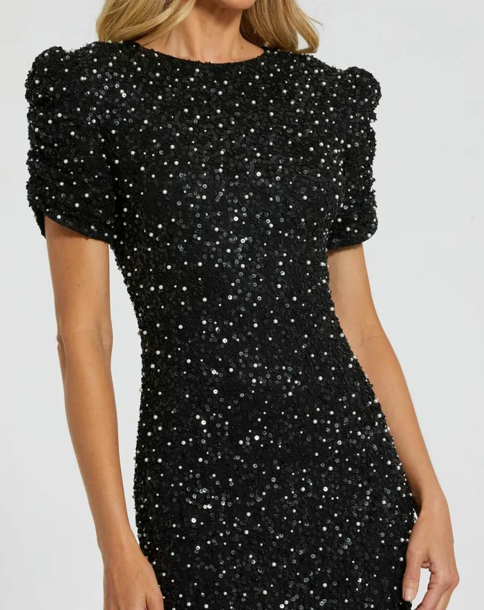 Women Evening Gowns Mac Duggal Black Gathered Short Sleeve Beaded Gown Black