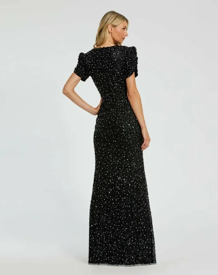 Women Evening Gowns Mac Duggal Black Gathered Short Sleeve Beaded Gown Black