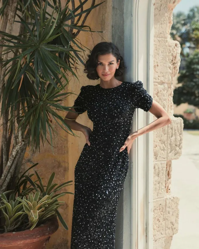 Women Evening Gowns Mac Duggal Black Gathered Short Sleeve Beaded Gown Black