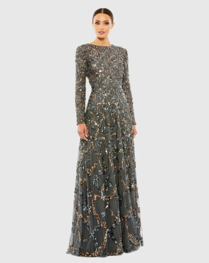 Women Evening Gowns Mac Duggal Gray Embellished Illusion High Neck Long Sleeve A Line Gown Charcoal Women Evening Gowns Mac Duggal Gray Embellished Illusion High Neck Long Sleeve A Line Gown Charcoal
