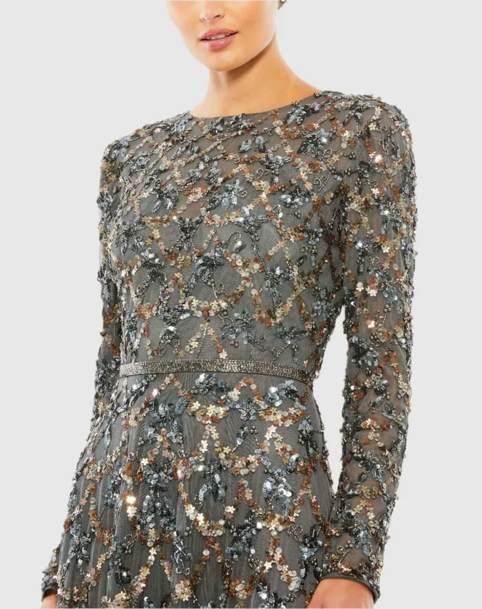 Women Evening Gowns Mac Duggal Gray Embellished Illusion High Neck Long Sleeve A Line Gown Charcoal