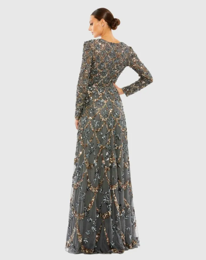 Women Evening Gowns Mac Duggal Gray Embellished Illusion High Neck Long Sleeve A Line Gown Charcoal