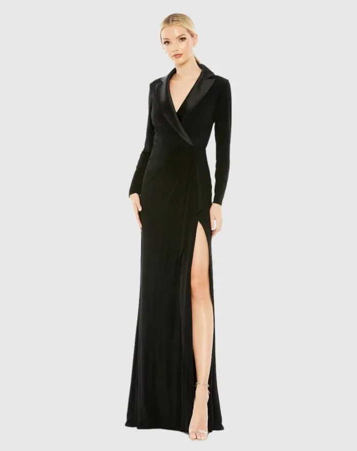Women Evening Gowns Mac Duggal Long Sleeve Faux Tuxedo Gown Black