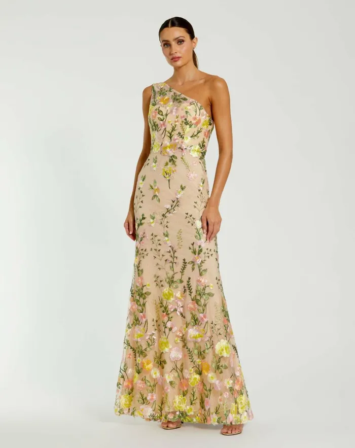 Women Evening Gowns Mac Duggal One Shoulder Lace Embroidered Gown Yellow Multi