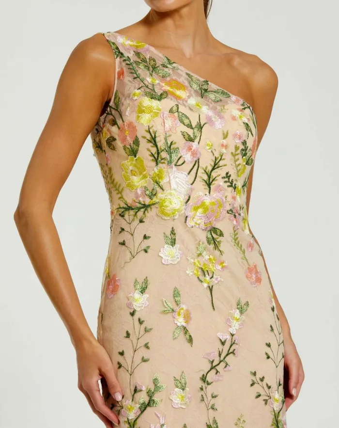 Women Evening Gowns Mac Duggal One Shoulder Lace Embroidered Gown Yellow Multi