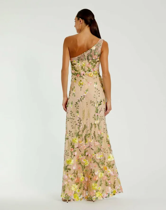 Women Evening Gowns Mac Duggal One Shoulder Lace Embroidered Gown Yellow Multi