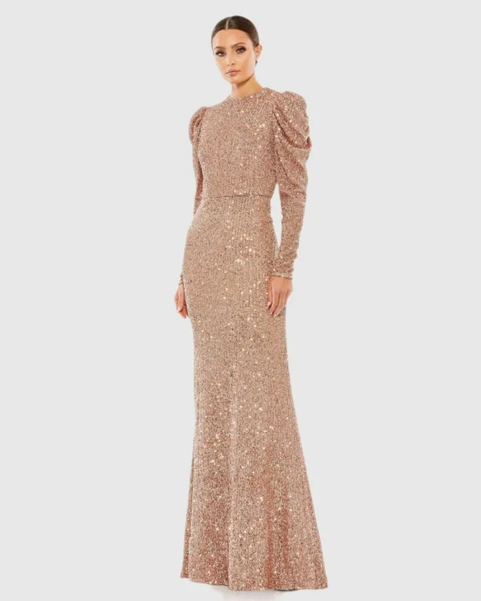 Women Evening Gowns Mac Duggal Sequined High Neck Puff Long Sleeve Column Gown Copper