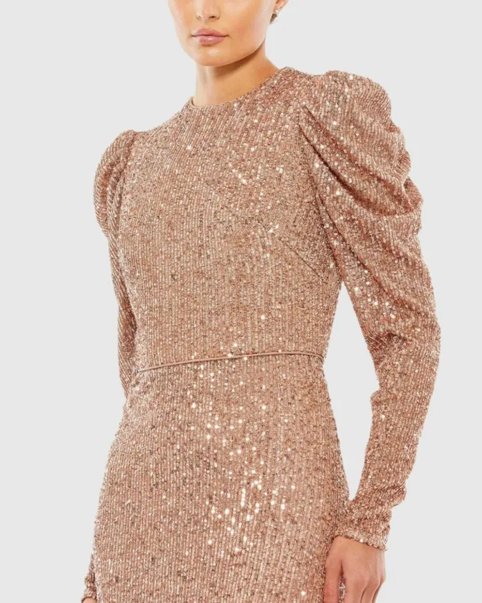 Women Evening Gowns Mac Duggal Sequined High Neck Puff Long Sleeve Column Gown Copper