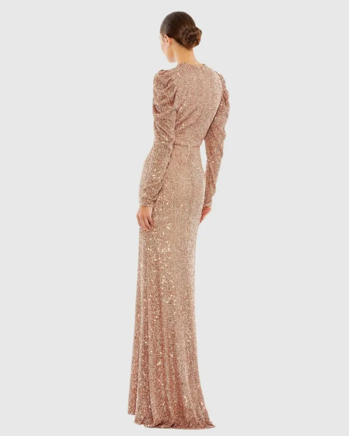 Women Evening Gowns Mac Duggal Sequined High Neck Puff Long Sleeve Column Gown Copper