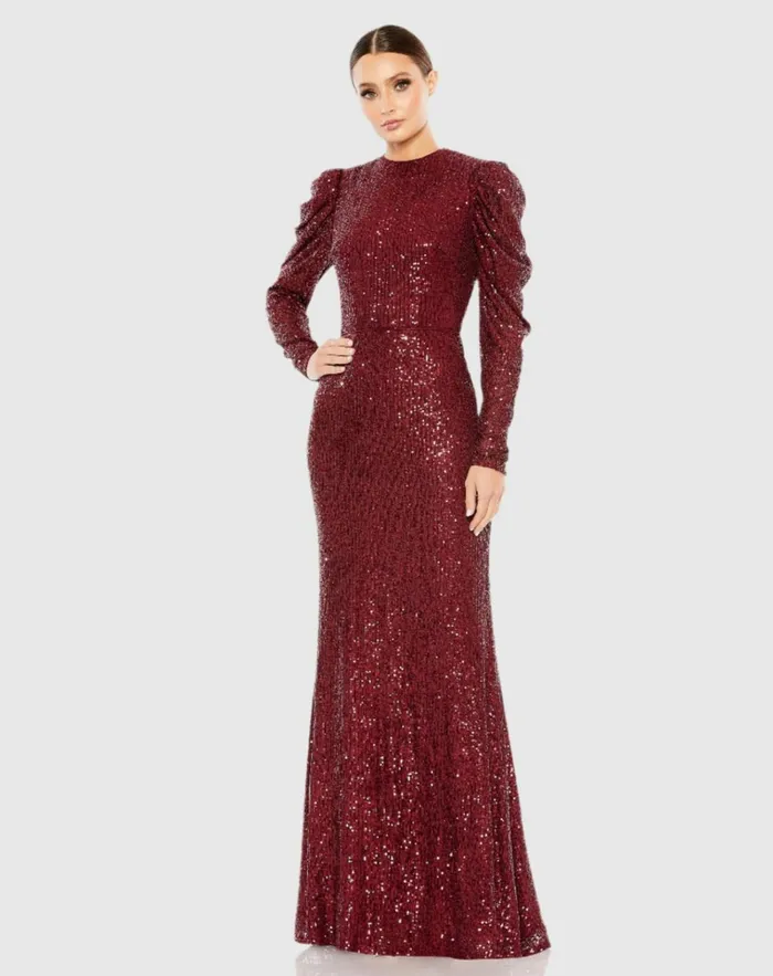 Women Evening Gowns Mac Duggal Sequined High Neck Puff Long Sleeve Column Gown Copper