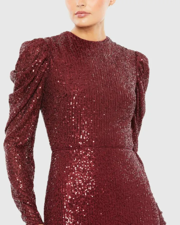 Women Evening Gowns Mac Duggal Sequined High Neck Puff Long Sleeve Column Gown Copper