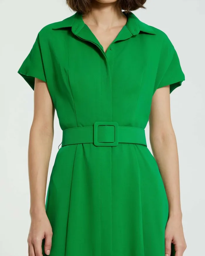 Women Every Day Dresses Mac Duggal Crepe Collared Short Sleeve Midi Dress With Belt 8211 FINAL SALE Spring Green