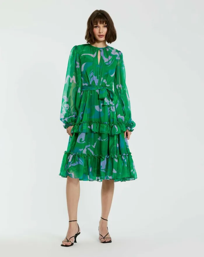 Women Every Day Dresses Mac Duggal Green Printed Chiffon Bishop Sleeve Tie Waisted Ruffle Midi Dress Green Multi Women Every Day Dresses Mac Duggal Green Printed Chiffon Bishop Sleeve Tie Waisted Ruffle Midi Dress Green Multi
