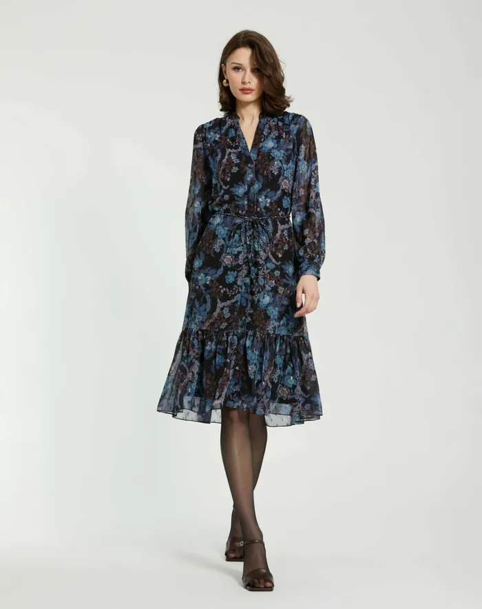 Women Every Day Dresses Mac Duggal Lurex Chiffon Bishop Sleeve Button Up Midi Dress Black Multi Women Every Day Dresses Mac Duggal Lurex Chiffon Bishop Sleeve Button Up Midi Dress Black Multi