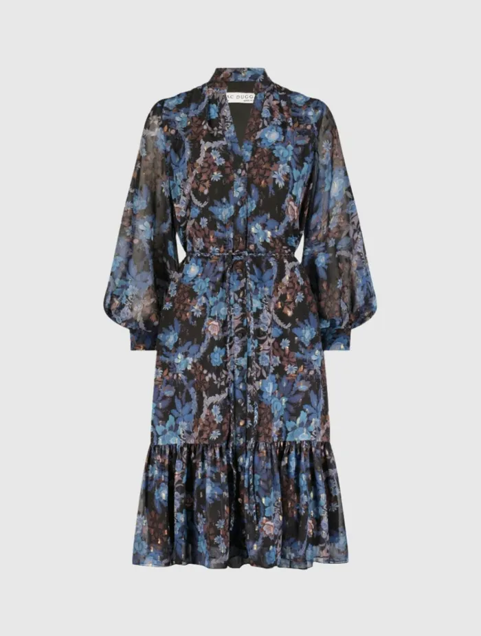 Women Every Day Dresses Mac Duggal Lurex Chiffon Bishop Sleeve Button Up Midi Dress Black Multi