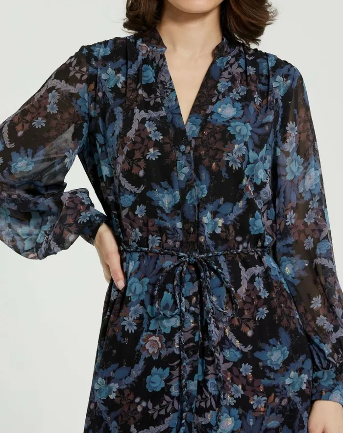 Women Every Day Dresses Mac Duggal Lurex Chiffon Bishop Sleeve Button Up Midi Dress Black Multi