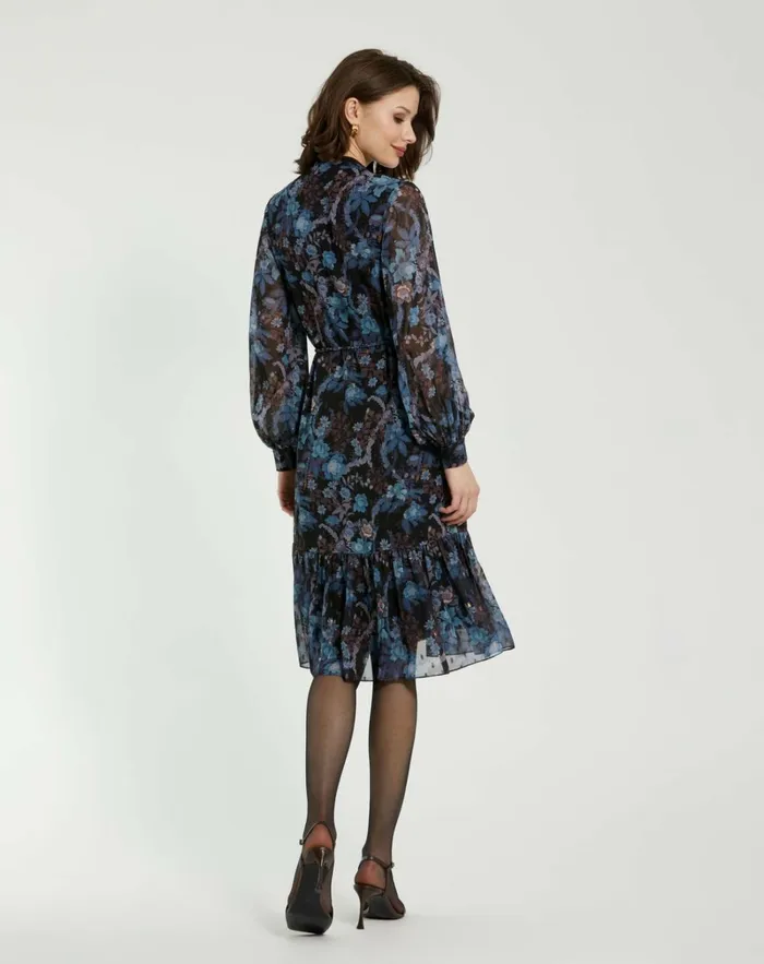 Women Every Day Dresses Mac Duggal Lurex Chiffon Bishop Sleeve Button Up Midi Dress Black Multi