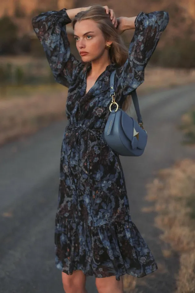 Women Every Day Dresses Mac Duggal Lurex Chiffon Bishop Sleeve Button Up Midi Dress Black Multi