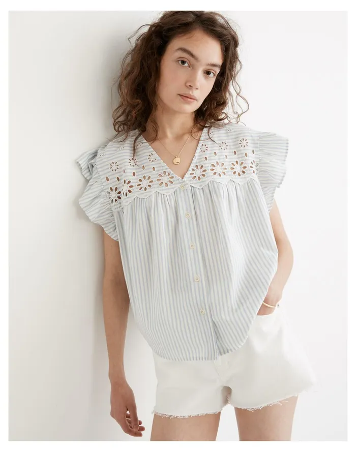 Women Eyelet Button Front Shirt In Stripe Bci Cotton Yd Plainweave Madewell Tops and Shirts