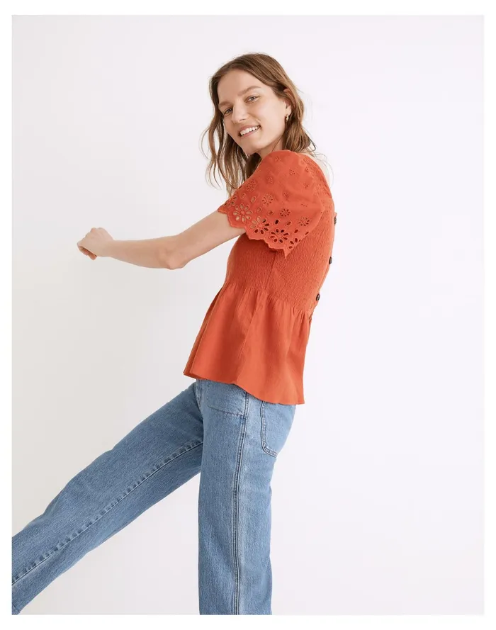 Women Eyelet Sleeve Kate Smocked Top Fresh Chili Madewell Tops and Shirts Women Eyelet Sleeve Kate Smocked Top Fresh Chili Madewell Tops and Shirts
