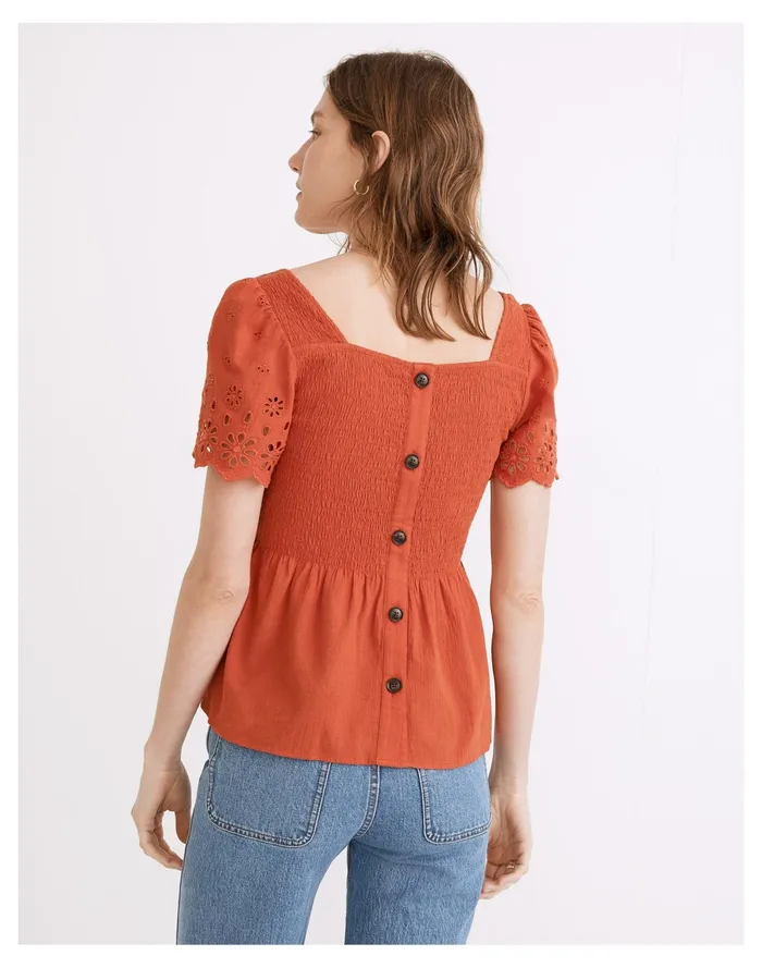 Women Eyelet Sleeve Kate Smocked Top Fresh Chili Madewell Tops and Shirts Women Eyelet Sleeve Kate Smocked Top Fresh Chili Madewell Tops and Shirts