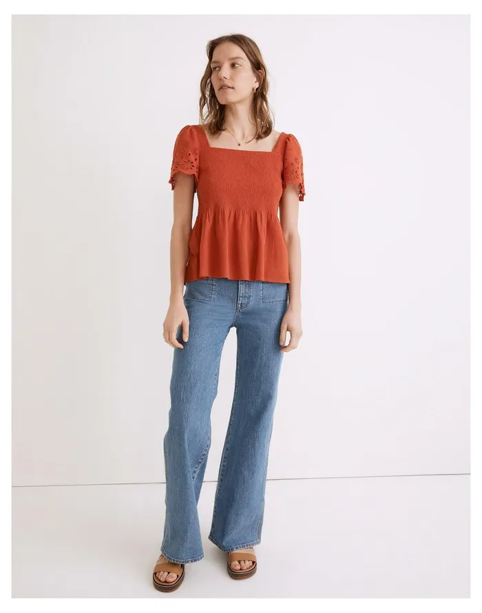Women Eyelet Sleeve Kate Smocked Top Fresh Chili Madewell Tops and Shirts Women Eyelet Sleeve Kate Smocked Top Fresh Chili Madewell Tops and Shirts
