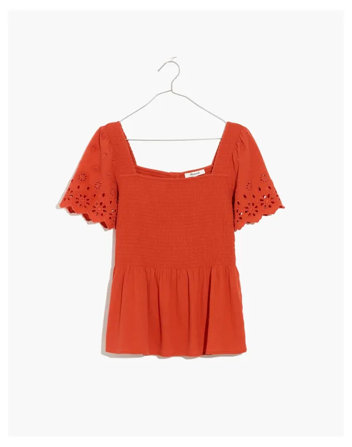 Women Eyelet Sleeve Kate Smocked Top Fresh Chili Madewell Tops and Shirts Women Eyelet Sleeve Kate Smocked Top Fresh Chili Madewell Tops and Shirts