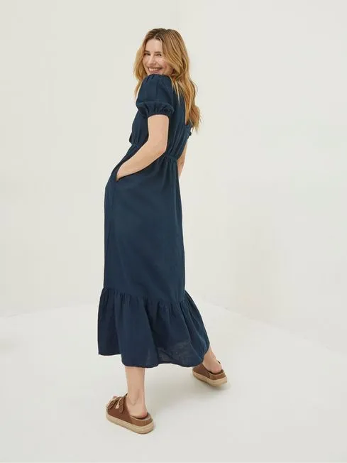 Women Fatface Dresses Blue Vivvie Linen Midi Dress Women Fatface Dresses Blue Vivvie Linen Midi Dress