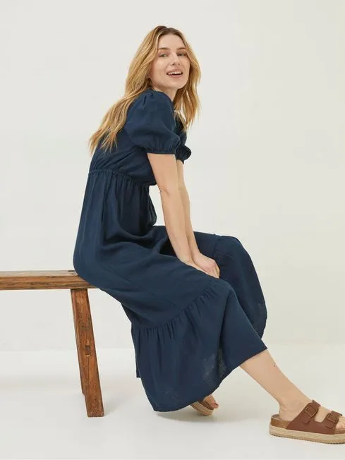 Women Fatface Dresses Blue Vivvie Linen Midi Dress Women Fatface Dresses Blue Vivvie Linen Midi Dress
