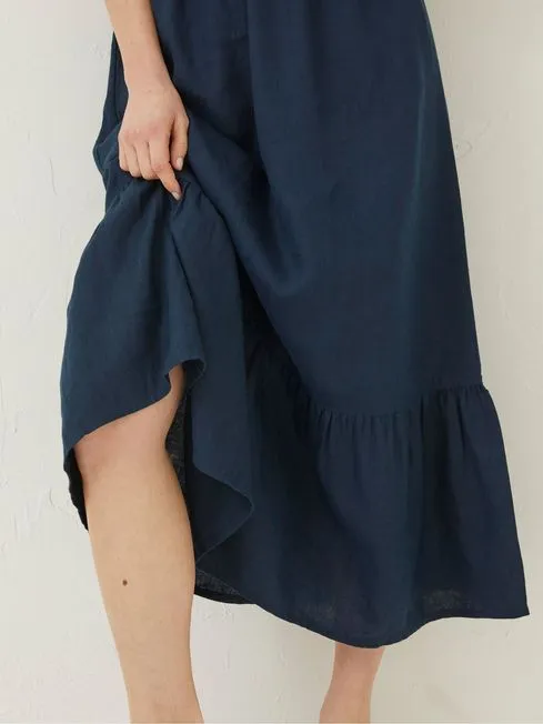 Women Fatface Dresses Blue Vivvie Linen Midi Dress Women Fatface Dresses Blue Vivvie Linen Midi Dress