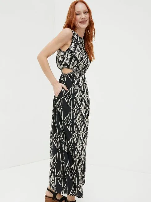 Women Fatface Dresses Harrie Black Geo Cut Out Midi Beach Dress