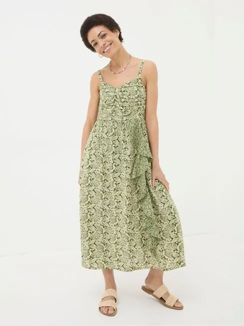 Women Fatface Dresses Lucia Green Damask Floral Linen Blend Midi Dress