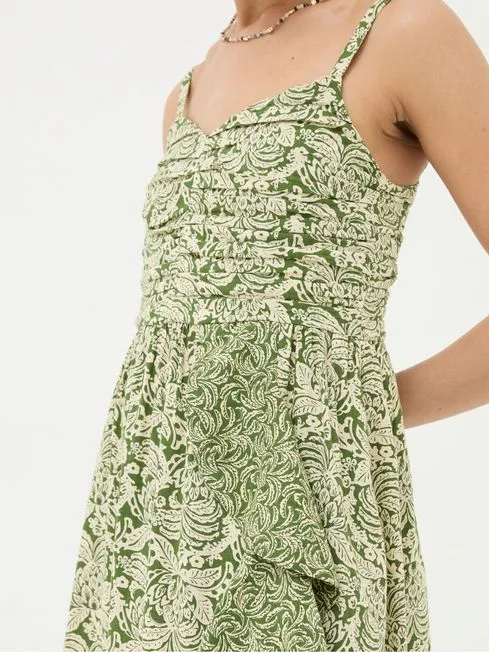 Women Fatface Dresses Lucia Green Damask Floral Linen Blend Midi Dress