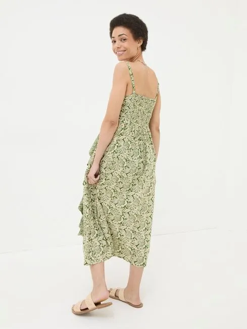 Women Fatface Dresses Lucia Green Damask Floral Linen Blend Midi Dress