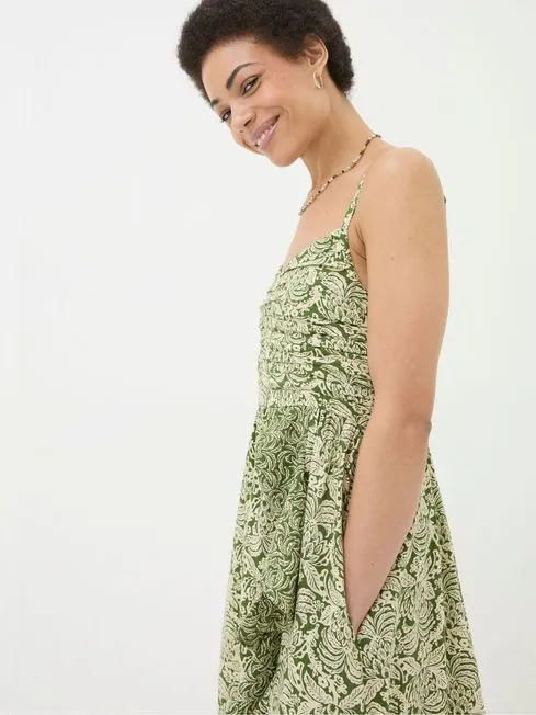 Women Fatface Dresses Lucia Green Damask Floral Linen Blend Midi Dress