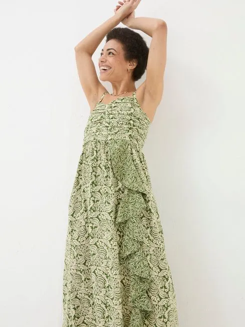 Women Fatface Dresses Lucia Green Damask Floral Linen Blend Midi Dress