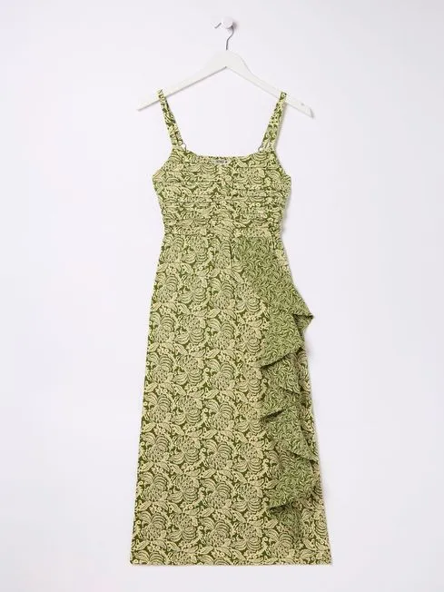 Women Fatface Dresses Lucia Green Damask Floral Linen Blend Midi Dress