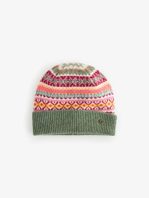 Women Fatface Hats Green Lambswool Fairisle Beanie Hat