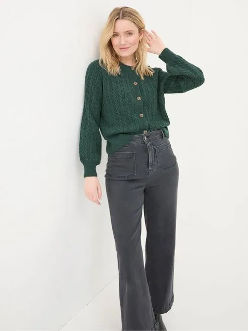 Women Fatface Knitwear Chloe Green Cable Knit Cardigan