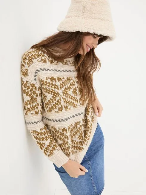 Women Fatface Knitwear Ikat Cream Wild Frontiers Jumper